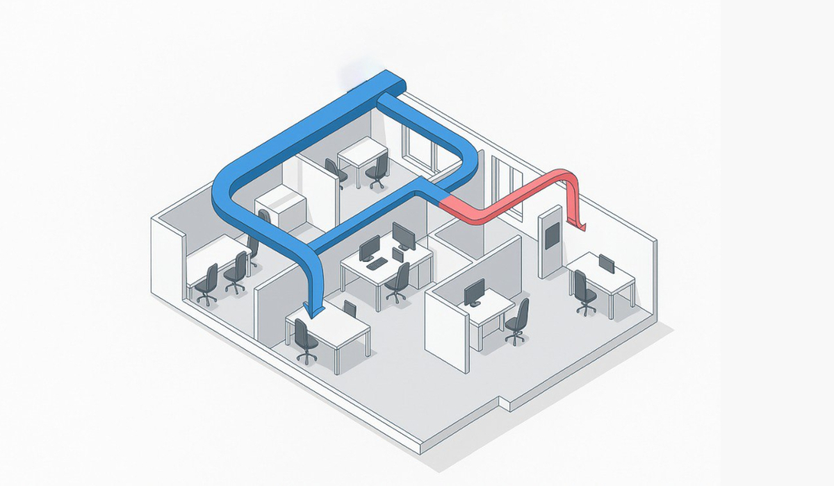 Инженер производит монтаж системы вентиляции